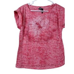 New Directions Petite Womens MP Shirt Pink Floral Beaded Stretch Short Sleeve